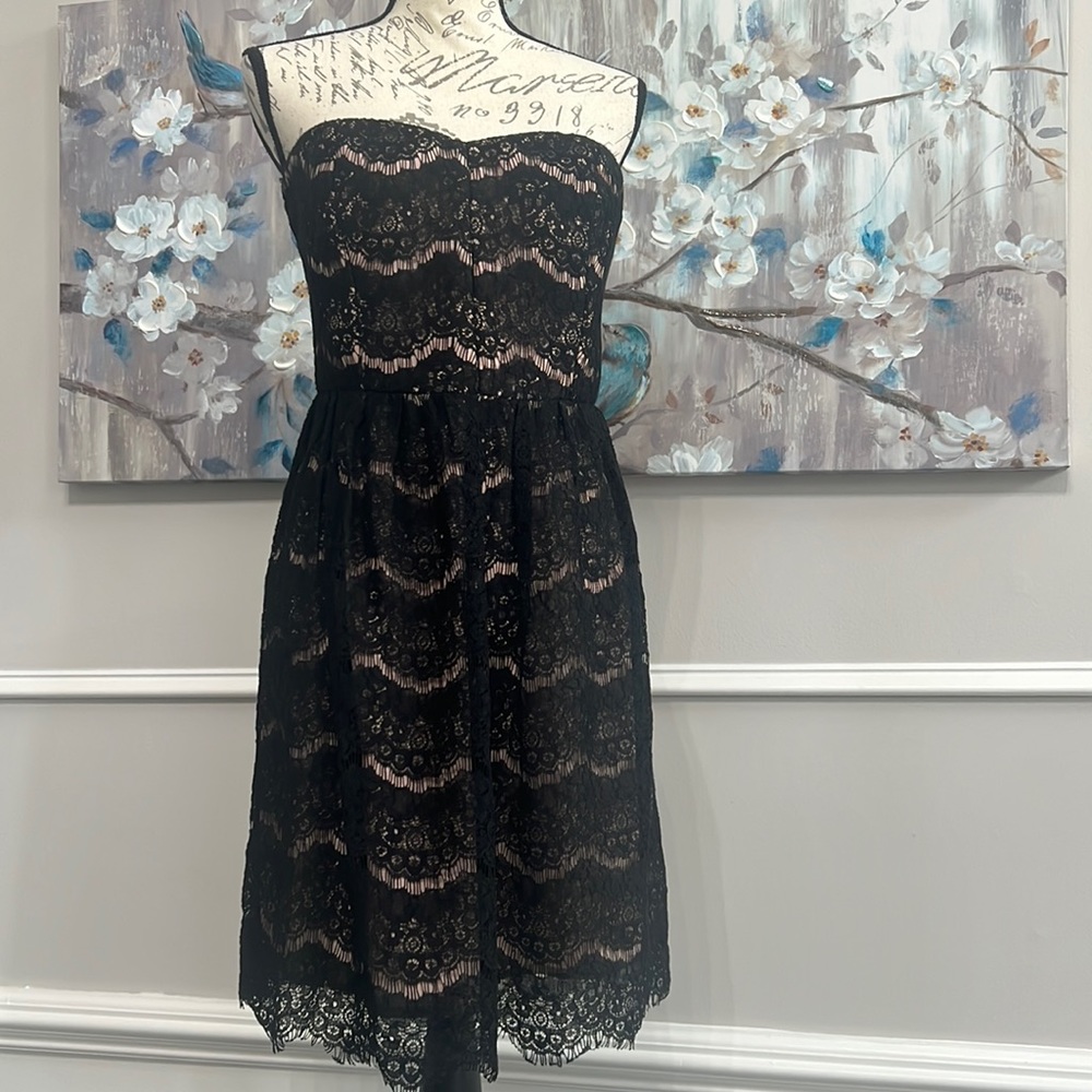 Ya Los Angeles Strapless Dress black Lace Overlay Nude lining underneath Size L